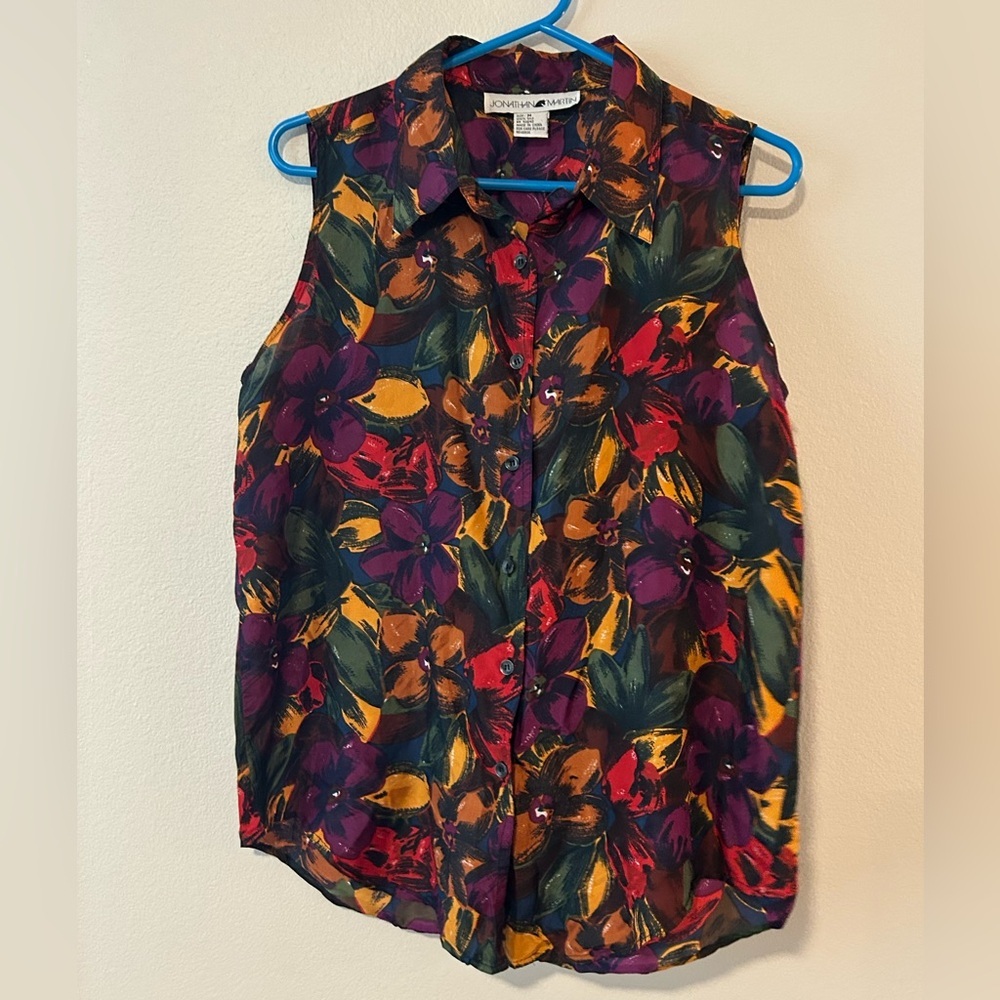 Vintage Jonathan Martin 100% Silk Floral Button Down Sleeveless Shirt - M